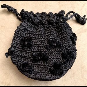 VTG Velvet Flowers on Crocheted Black Drawstring Woven Bag